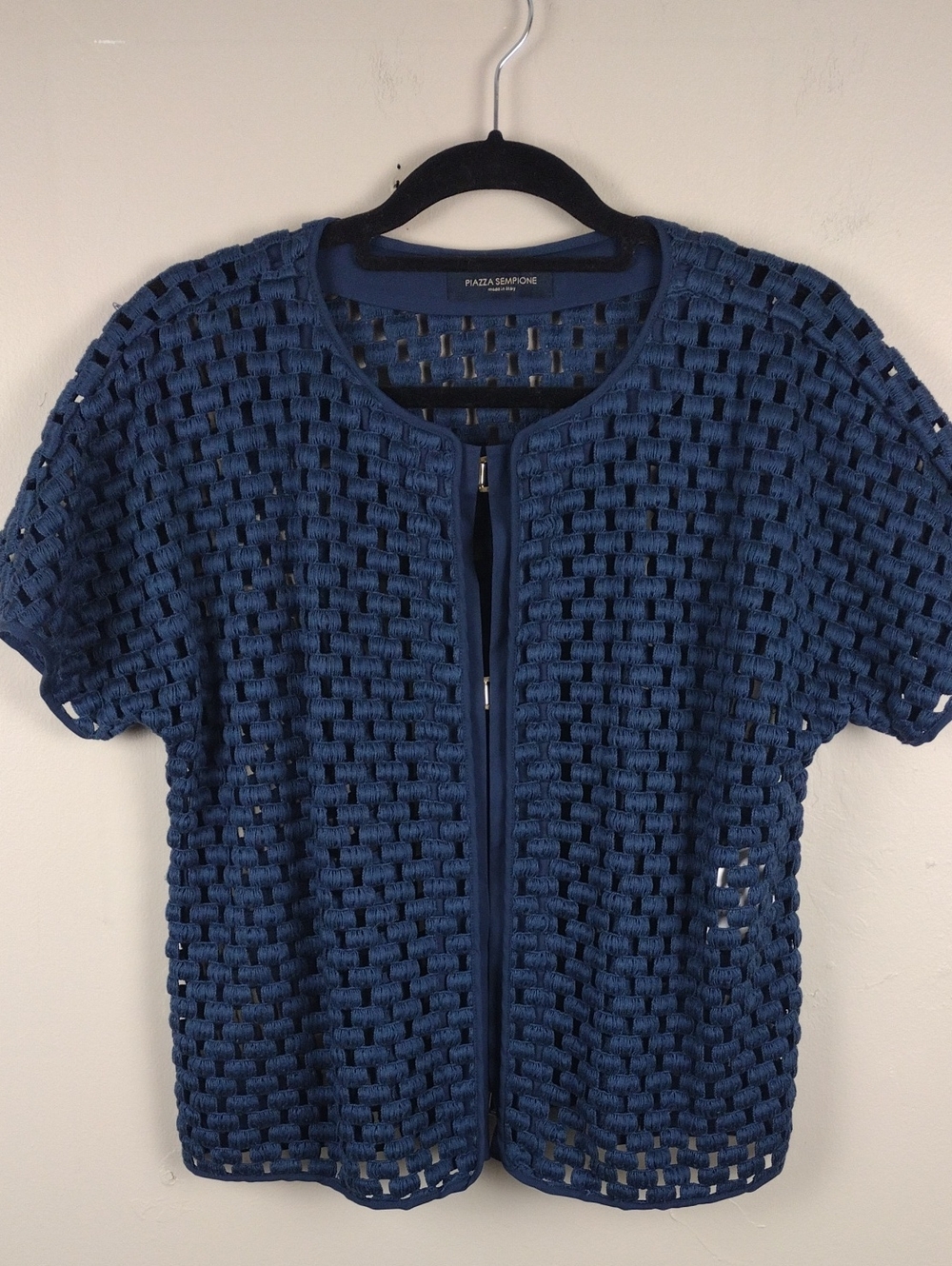 Piazza Sempione Navy Blue Basket Weave Open Knit Short Sleeve Cardigan Sweater